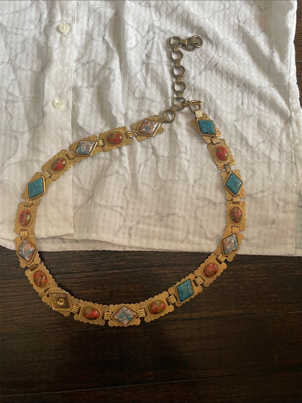 Gold-Tone Multistone Link Belt with Turquoise and Coral Accents